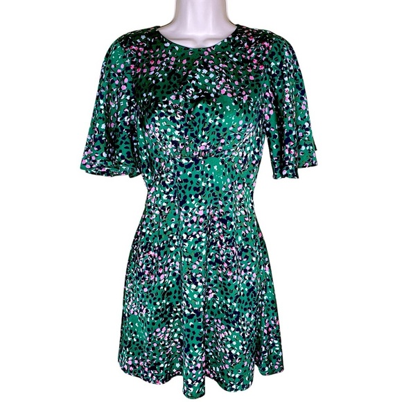 Topshop Animal Print Satin Open Back Green Flutter Sleeve Mini Dress Size 2 - Picture 2 of 16